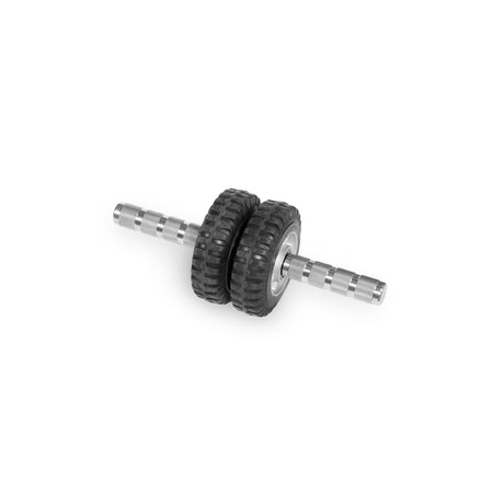 The Bells of Steel ABsyidyan Stainless Steel Ab Roller features extra-wide dual black rubber wheels, a 500 lb capacity, and a durable design, resembling a compact exercise ab roller on a white background.
