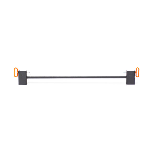 The Bells of Steel Adjustable Pull-up Bar Rack Attachment is a long metal bar with box-like ends, each featuring an orange loop handle, set horizontally against a plain white background.