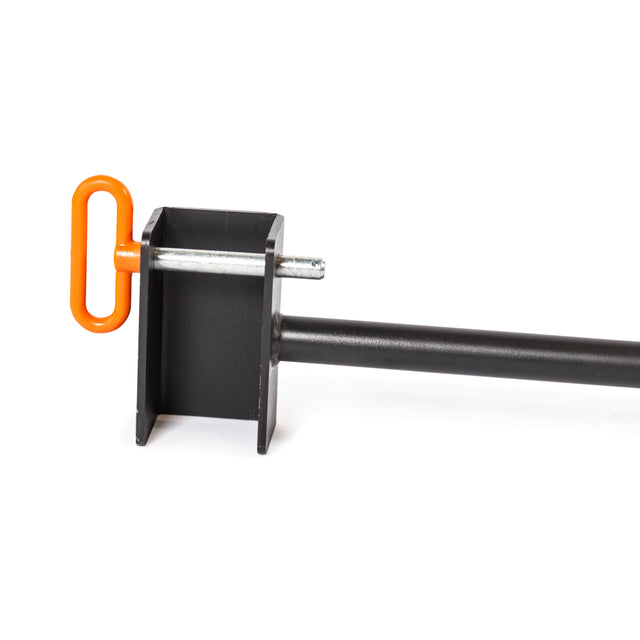 This close-up shows the Bells of Steel Adjustable Pull-up Bar Rack Attachment—a black metal clamp with an orange vertical handle, silver pin, and rectangular bracket—ideal for power rack setups.