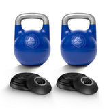 Two Bells of Steel Adjustable Competition Kettlebells with silver handles are side by side, each with four black weight plates in front, ideal for kettlebell training on a white background.
