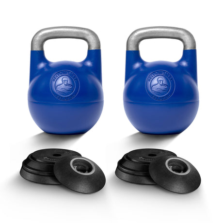 Two Bells of Steel Adjustable Competition Kettlebells with silver handles are side by side, each with four black weight plates in front, ideal for kettlebell training on a white background.