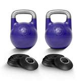 Two Bells of Steel Adjustable Competition Kettlebells with silver handles are set side by side, each in front of four black weight plates. All items are displayed against a clean white background.