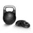 The Bells of Steel Adjustable Competition Kettlebell with a silver handle stands upright beside removable weight plates on a white background. This kettlebell features the brand logo on the front, ideal for kettlebell training.