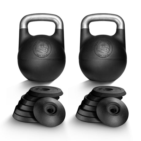 Two Bells of Steel Adjustable Competition Kettlebells with silver handles and four removable black weight plates each are displayed on a white background, offering versatile options for kettlebell training.