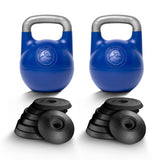 Two Bells of Steel Adjustable Competition Kettlebells with silver handles are set behind black weight plates, all on a white background—ideal for intense kettlebell training sessions.
