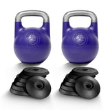 Two Bells of Steel Adjustable Competition Kettlebells with silver handles sit behind two stacks of five black weight plates each, all on a white background—perfect for serious kettlebell training.