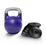 A Bells of Steel Adjustable Competition Kettlebell with a metallic handle is placed next to a stack of six black weight plates, all set against a white background.