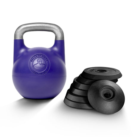 A Bells of Steel Adjustable Competition Kettlebell with a metallic handle is placed next to a stack of six black weight plates, all set against a white background.