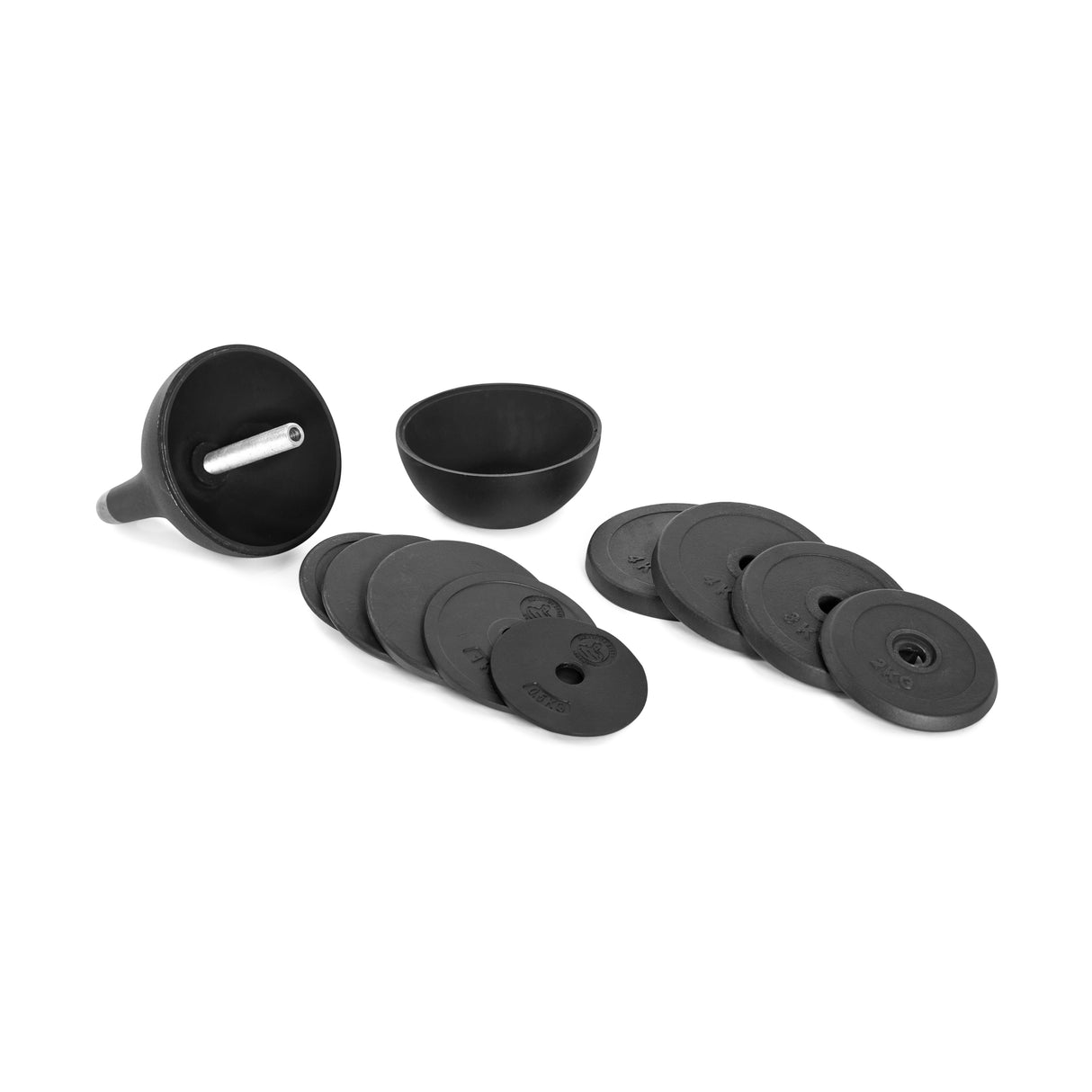 A set of nine black rubber practice mute pads for brass instruments is displayed with three conical holders similar to Bells of Steel gear. The holders have circular openings, stacking the pads in groups, ideal for organized musicians.