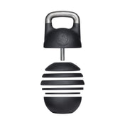 The Adjustable Competition Kettlebell by Bells of Steel is highlighted in black and silver, featuring a distinct design. Perfect for kettlebell training, its weight is segmented into separate sections for easy customization according to various workout requirements.