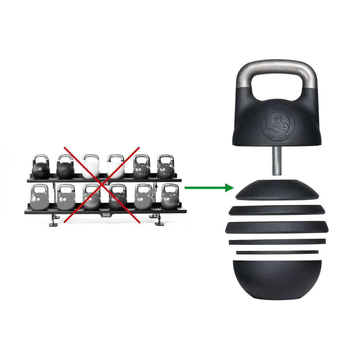 Adjustable Competition Kettlebell with kettlebells on the rack