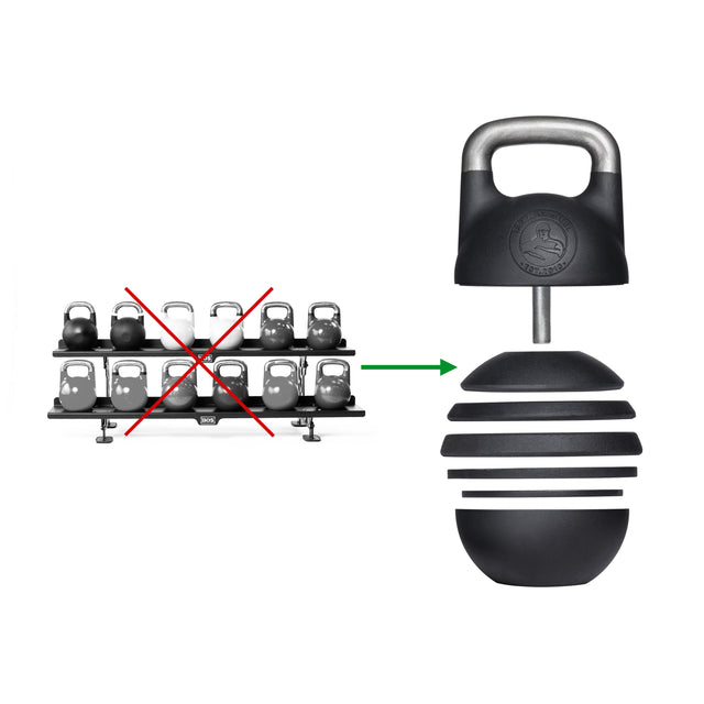 A kettlebell rack with multiple weights is crossed out on the left. On the right, the Bells of Steel Adjustable Competition Kettlebell displays plates on a central rod. An arrow highlights its space-saving weight increments design.