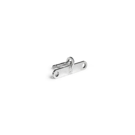 A compact silver metal latch with two screw holes and a rotating locking pin for the Bells of Steel 2 to 1 Cable Attachment Adapter, shown isolated on a white background.