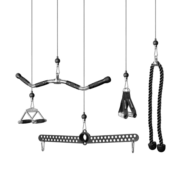 The Bells of Steel Cable Accessory Bundle includes four carabiner-compatible attachments—a close-grip row handle, multi-grip pull-down bar, tricep rope, and adjustable strap handle—displayed on a white background.