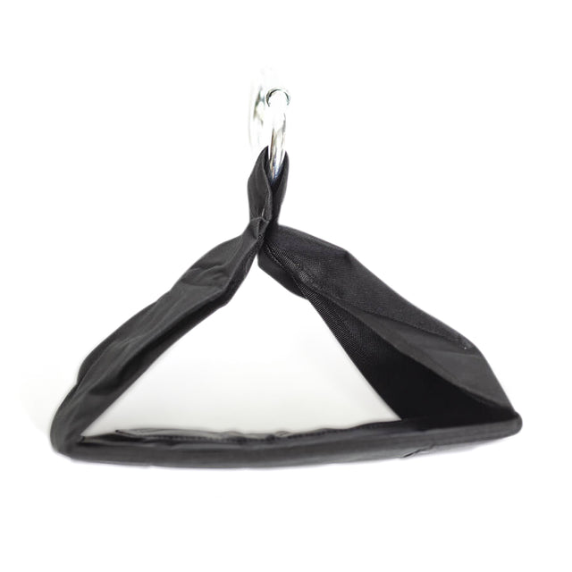 A triangle-shaped black strap handle, featuring a heavy-duty carabiner at the top, is ideal for hanging Bells of Steel's Hanging Ab Straps or arm hammocks against a white background.