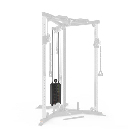 The Bells of Steel All-in-One Trainer is a home gym machine featuring a central weight stack with visible cable attachments and exercise pulleys, while the rest of the equipment appears softly faded in the background.