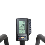 Front view of a compact exercise bike with digital display and adjustable resistance.