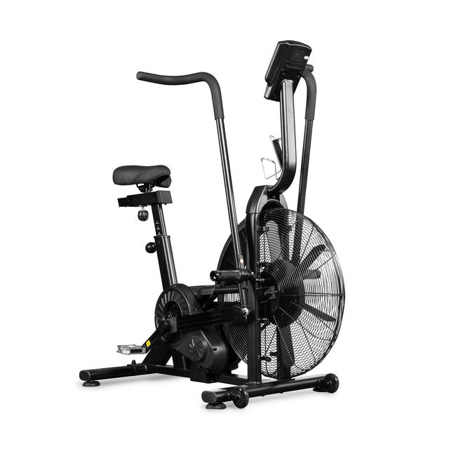 The Bells of Steel Residential Air Bike with Wind Guard is a black exercise machine featuring a large fan wheel, adjustable seat, handlebars, digital display, and sturdy frame—perfect for any home gym.