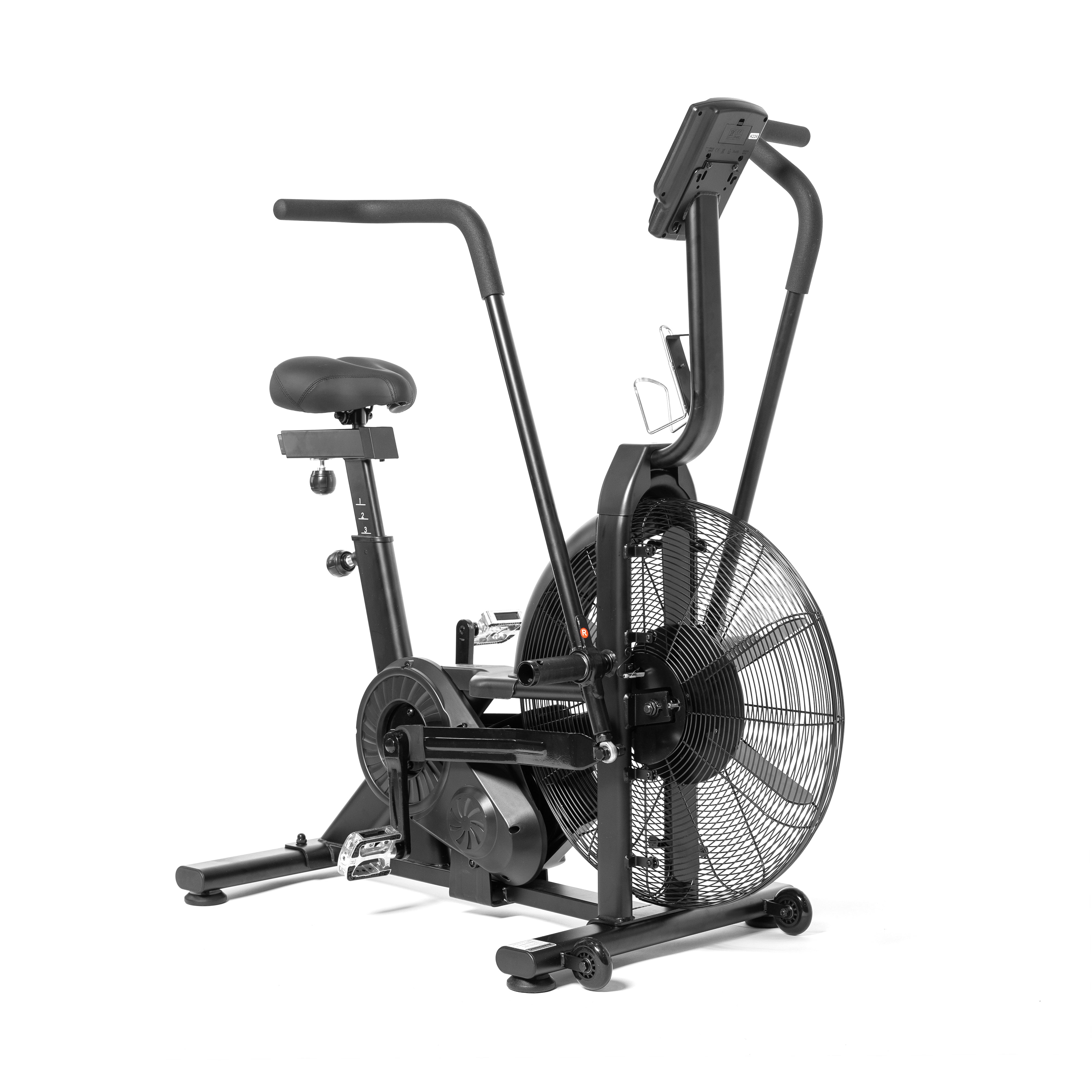 A Bells of Steel Residential Air Bike with Wind Guard comes in black and includes a large fan, cushioned seat, and ergonomic handlebars. It's crafted for full-body workouts and is equipped with pedals and an adjustable seat, making it ideal for intense cardio sessions in your home gym. The bike is featured against a plain white background.