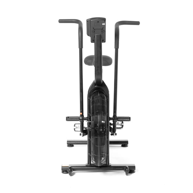 The Residential Air Bike with Wind Guard by Bells of Steel features dual handlebars, a central digital display, and a fan resistance system. Its sturdy black frame is ideal for full-body workouts in your home gym, providing an exceptional indoor exercise experience.