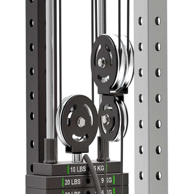 Close-up of Bells of Steel's Aluminum Pulley Wheels & Upgrade Kits, highlighting the aluminum wheels and cables. The weights are labeled in both pounds and kilograms, displaying 10 and 20 lbs. The frame is constructed from perforated metal.