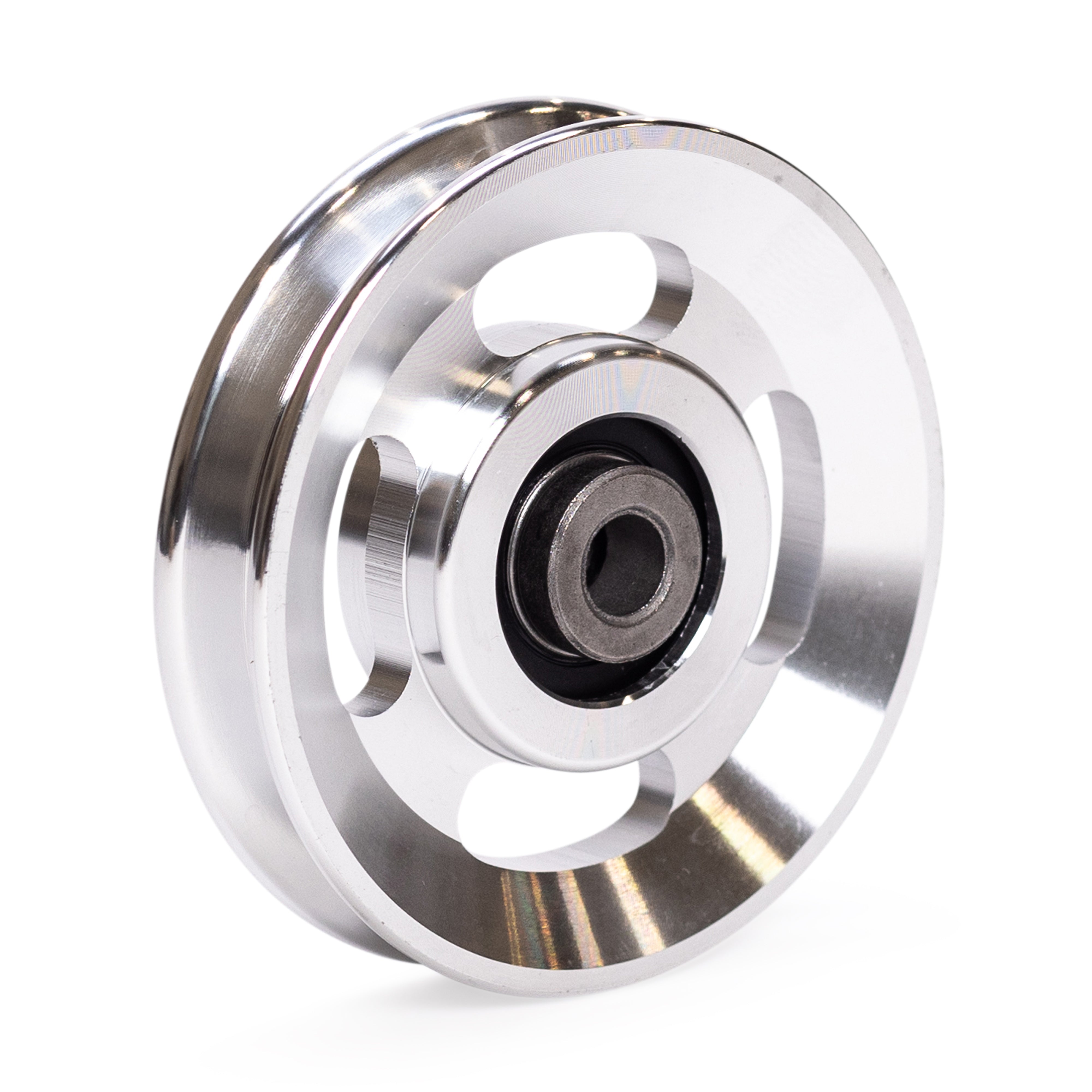 A polished aluminum pulley from the Bells of Steel Aluminum Pulley Wheels & Upgrade Kits collection, showcasing a sleek circular design with four openings surrounding a central bearing. This precision-crafted component stands upright against a white background, echoing the meticulous engineering typically seen in cable machine equipment.