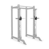 A black power rack by Bells of Steel is displayed with a pair of J-cup barbell holders attached—the holders are highlighted in color while the rack appears in gray. This setup also features the Smith Machine Rack Attachment from Bells of Steel, seamlessly blending functionality with style to enhance workout versatility.
