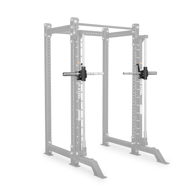 A black power rack by Bells of Steel is displayed with a pair of J-cup barbell holders attached—the holders are highlighted in color while the rack appears in gray. This setup also features the Smith Machine Rack Attachment from Bells of Steel, seamlessly blending functionality with style to enhance workout versatility.