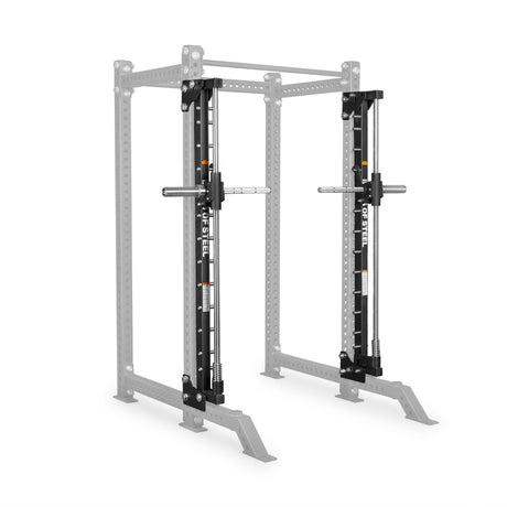 Bells of Steel Smith Machine Rack Attachment, shown in black mounted on a light gray power rack frame for emphasis. This guided attachment is equipped with vertical guide rods, safety latches, and barbell supports on each side.