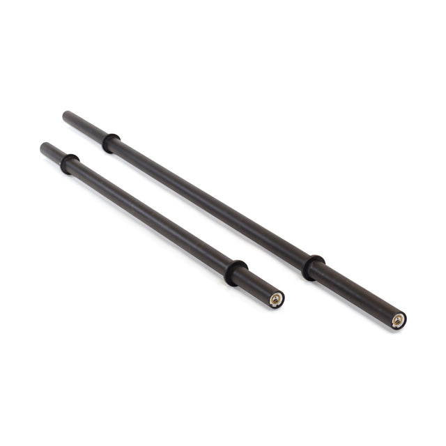 On a white background rest two minimalist Axle Bars by Bells of Steel, one appearing slightly shorter than the other. Echoing the design of Olympic barbells, these cylindrical bars feature metallic ends that are ideal for enhancing grip strength during workouts.