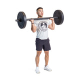 Male athlete lifting barbell workout using short axel bar