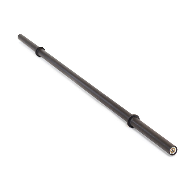 A long, black Bells of Steel Axle Bar is positioned diagonally against a white background. It includes rotating sleeves on both ends for weight plates and a slightly textured center that enhances grip strength.