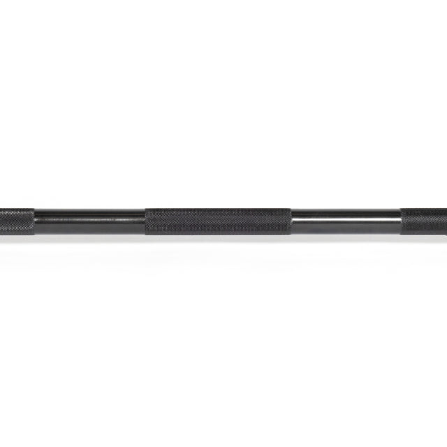 A close-up of the Bells of Steel Alex Leonidas Onyx Bar, a black metal power bar featuring three evenly spaced foam-padded grips, set against a white background.