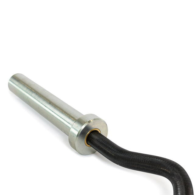 A black coiled cable emerges from a sleek, silver cylindrical casing, similar to the 54.5" EZ Curl Bar by Bells of Steel, set against a plain white background.