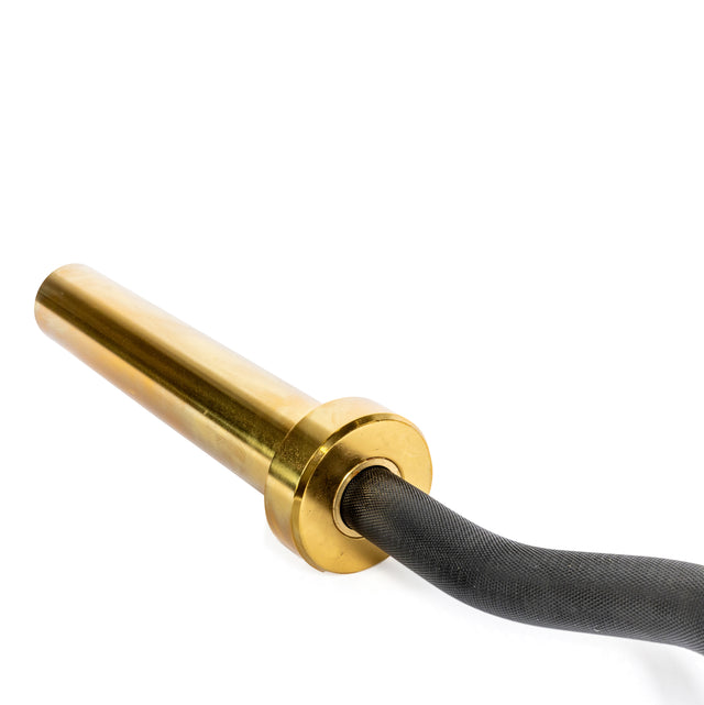 A black EZ Curl Bar (54.5") from Bells of Steel with a textured grip and metallic gold sleeve is shown on a white background, ideal for bicep curls to ensure optimal arm development with each rep.