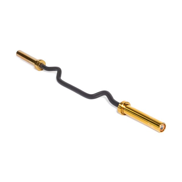 The Bells of Steel EZ Curl Bar (54.5") features a wavy design with a striking black central grip and gold ends, perfect for bicep curls and enhancing arm development, set against a white background.