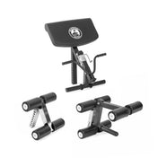 Explore the versatile Bench Attachments collection from Bells of Steel, featuring a preacher curl pad, an arm curl attachment with a handle, and a leg extension-curl attachment. Each accessory perfectly complements the Buzzsaw Bench with its sleek black padding and robust silver metal components for an optimal workout experience.