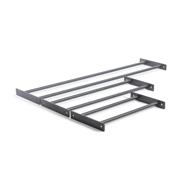 The gray-finished metal wardrobe pull-out pants rack, featuring four horizontal bars, is designed for closet installation to efficiently organize and store pants, allowing clearance for additional essentials like a Bells of Steel Medicine Ball Shelf.