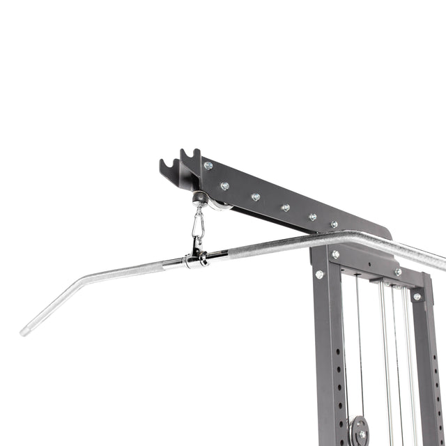 The Bells of Steel Lat Pulldown Bar is part of a metallic gym cable machine with a weight stack, chrome bar, and sturdy steel frame offering adjustable weights for versatile exercises.