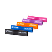 A row of five rolled Barbell Pads with Straps, in black, orange, blue, pink, and purple from Bells of Steel, exudes a cushy feel. These ergonomically designed pads are neatly arranged on a white background.