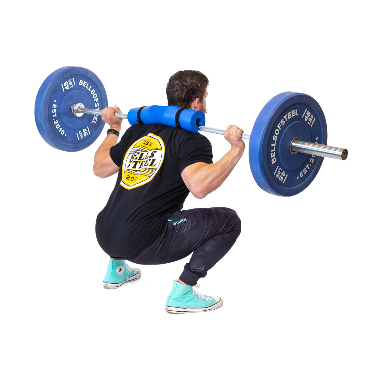 Male athlete doing squats using barbell with Barbell Pads with Straps