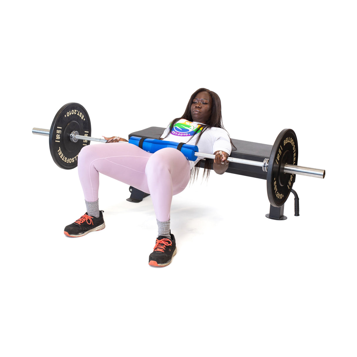 Female athlete doing hip thrust using barbell with Barbell Pads with Straps
