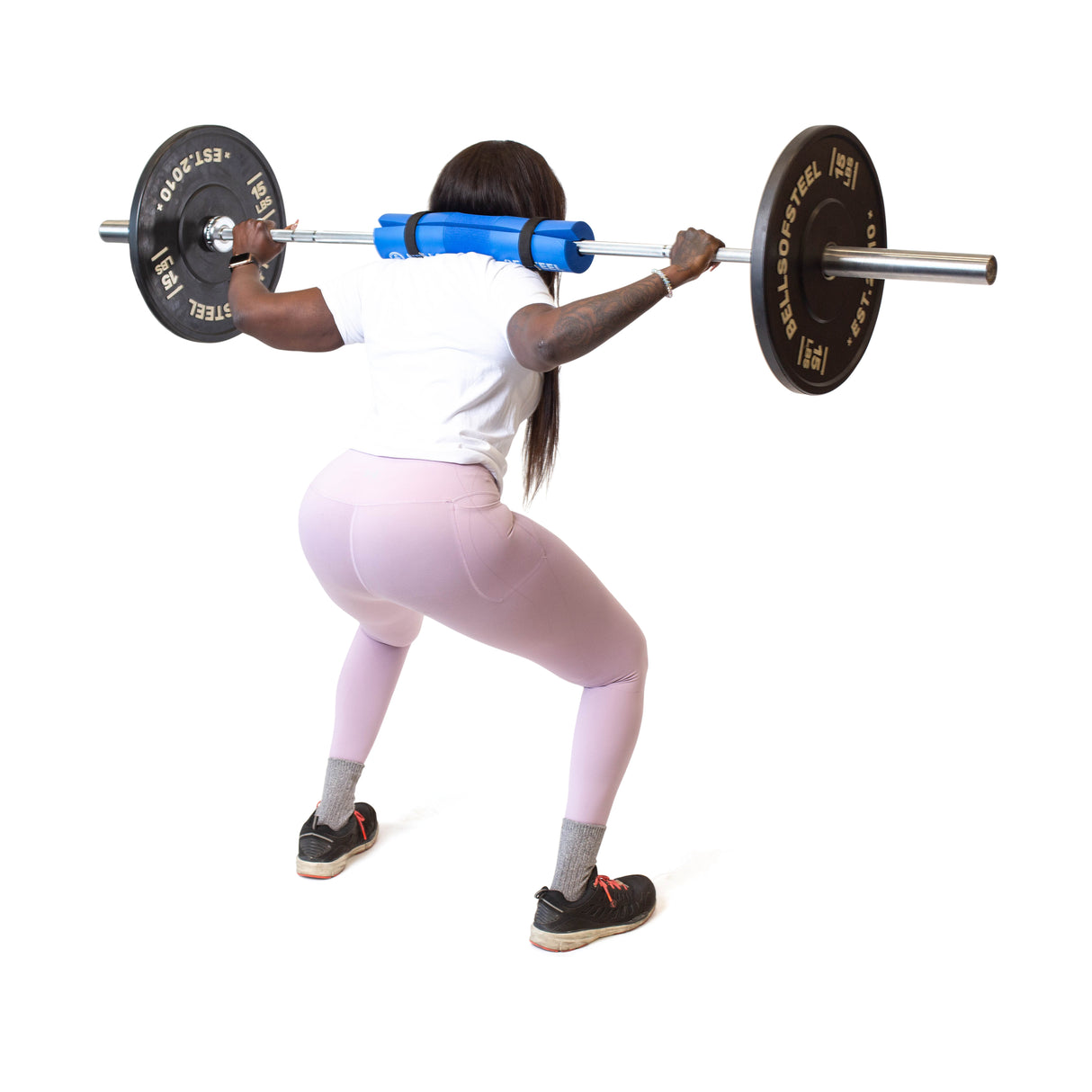 Female athlete doing squats using barbell with Barbell Pads with Straps