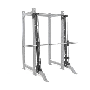 The Bells of Steel Smith Machine Rack Attachment in silver features a sturdy metal frame and guided barbell rails, ensuring safe support for exercises like squats and bench presses, with an impressive weight capacity for all strength training needs.