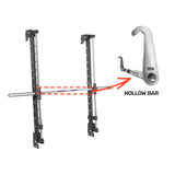 Illustration of the Bells of Steel Smith Machine Rack Attachment with adjustable bars, featuring an inset of a hollow bar and hook. An orange arrow points from the rack to the enlarged bar and hook image, highlighting its robust weight capacity.