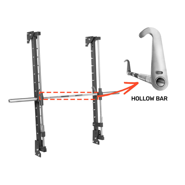 Illustration of the Bells of Steel Smith Machine Rack Attachment with adjustable bars, featuring an inset of a hollow bar and hook. An orange arrow points from the rack to the enlarged bar and hook image, highlighting its robust weight capacity.