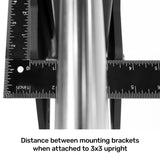 Close-up image of two black rulers measuring the distance between mounting brackets on a 3x3 upright tube for Bells of Steel's Smith Machine Rack Attachment. The text below reads, "Distance between mounting brackets when attached to 3x3 upright.