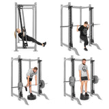 A composite image displays two women and two men working out with a power rack. In the top left, one person performs an inverted row; in the top right, another executes a squat using a barbell. The bottom left features an individual doing a bent-over row, while the bottom right showcases someone performing a deadlift utilizing the Bells of Steel Canada Smith Machine Rack Attachment. Each person demonstrates efficient lifting or pulling techniques.