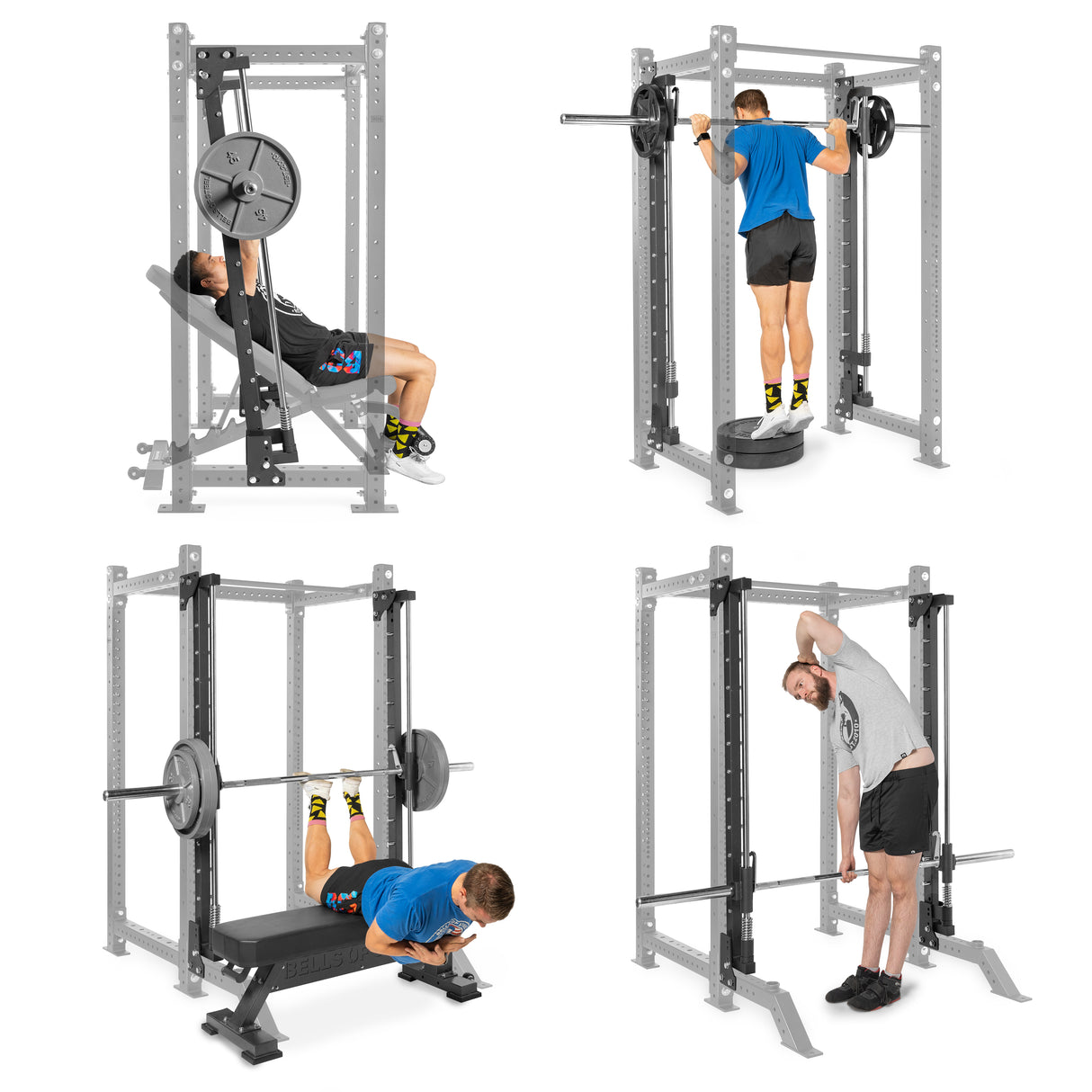 Four images of a person exercising in a gym: one using the Bells of Steel Canada Smith Machine Rack Attachment for a leg press, another doing a shoulder press, a third performing a bench press, and a fourth doing barbell shoulder stretches. The equipment includes power racks, benches, and weights.