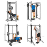 Four exercises are demonstrated using the Bells of Steel Smith Machine Rack Attachment: incline leg press, barbell squat with raised heels, bench press, and bent-over barbell row with an overhead stretch. Each is performed by different people utilizing various barbell techniques.